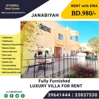 Fully Furnished luxury Villa for rent in Janabiyah BD.980/- Inclusive