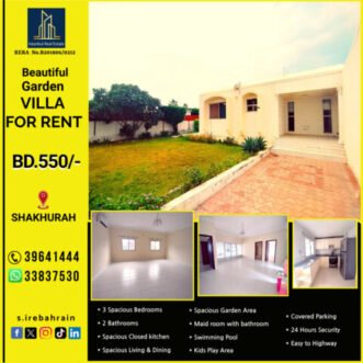 Semi furnished 3 BHK Garden Villa for rent in Shakhura BD.550/-